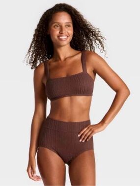 Women's Ribbed High-Waist Bralette and Brief Set - Brown